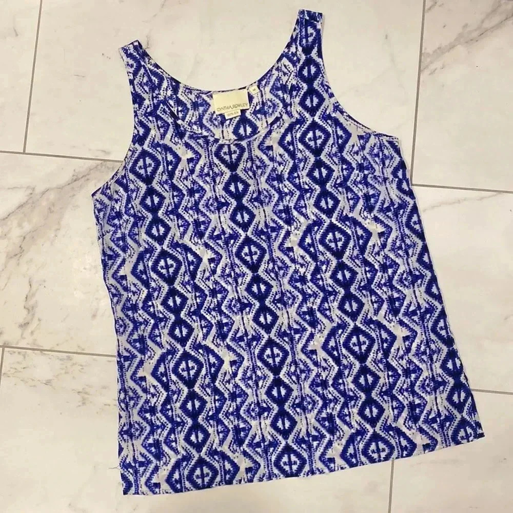 Cynthia Rowley TJX Blue White Aztec Tribal Sleeveless Tunic Silk Blouse Size M - Picture 2 of 6
